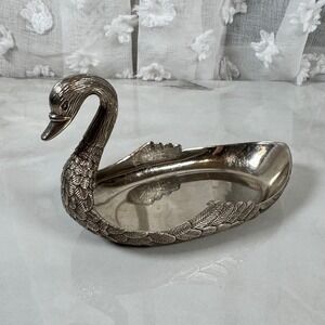 Vintage Metal Swan Trinket Dish Candle Silver Plate Holder Felt Bottom Elegant